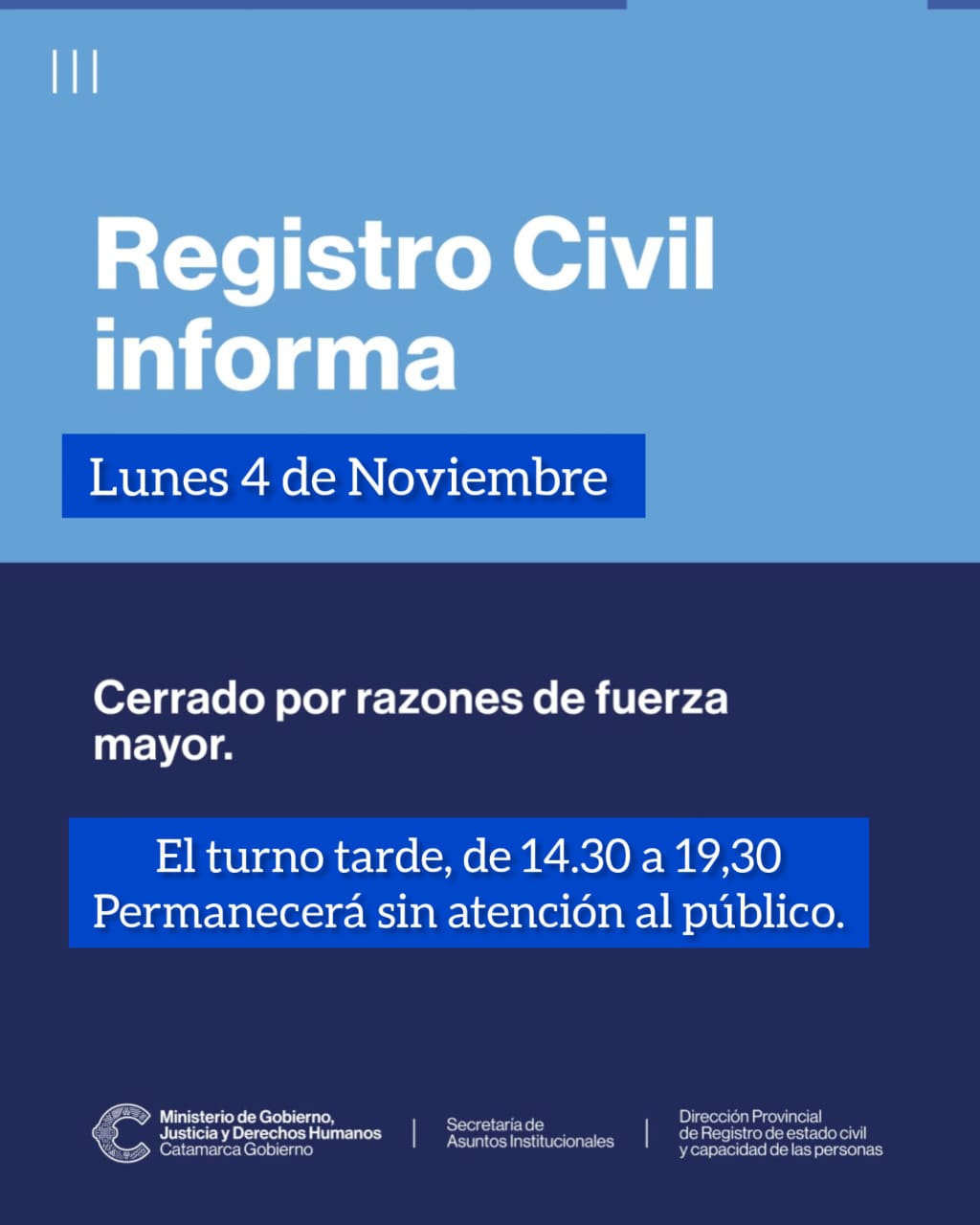 El Registro Civil, suspende actividades esta tarde, por obras en la red de suministro de agua